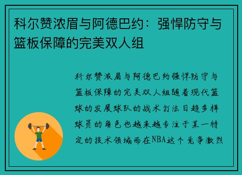 科尔赞浓眉与阿德巴约：强悍防守与篮板保障的完美双人组