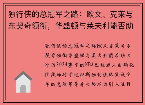 独行侠的总冠军之路：欧文、克莱与东契奇领衔，华盛顿与莱夫利能否助力冲顶